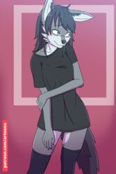  2021 2:3 anthro artoonu canid canine clothing dark_hair female fur grey_body grey_fur hair legwear long_hair looking_away mammal oversized_clothing oversized_shirt oversized_topwear purple_eyes shirt shy signature simple_background solo text thigh_highs topwear 