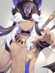  1boy animal_ears armor closed_mouth cyno_(genshin_impact) dark-skinned_male dark_skin genshin_impact hair_between_eyes hair_over_one_eye hat highres long_hair male_focus nasaniliu red_eyes solo topless_male white_hair 