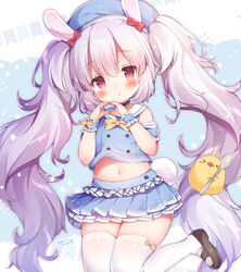  &gt;_&lt; animal_ears artist_name azur_lane bare_shoulders beret black_footwear blue_choker blue_headwear blue_serafuku blue_shirt blue_skirt blush bow choker commentary cowboy_shot crop_top fake_animal_ears fake_tail female hair_between_eyes hairband hat heart heart_hands highres holding holding_spoon laffey_(azur_lane) laffey_(bunny_clerk?)_(azur_lane) loafers long_hair looking_at_viewer manjuu_(azur_lane) midriff momozu_komamochi navel official_alternate_costume pleated_skirt rabbit_ears rabbit_tail red_eyes sailor_collar school_uniform serafuku shirt shoes sidelocks skindentation skirt sleeveless sleeveless_shirt solo_focus spoon tail thighhighs twintails very_long_hair white_hair white_sailor_collar white_thighhighs wrist_cuffs yellow_bow zettai_ryouiki 