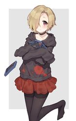  black_choker black_hoodie black_pantyhose blonde_hair blush brown_eyes choker collarbone ear_piercing female foot_out_of_frame grey_background hair_over_one_eye highres holding hood hood_down hoodie idolmaster idolmaster_cinderella_girls jewelry looking_at_viewer no_shoes pantyhose piercing red_skirt shirasaka_koume shone short_hair simple_background skirt sleeves_past_wrists smile solo white_background 