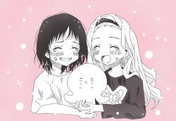  2girls bangs_pinned_back blush closed_eyes grin hairband happy highres kirarazaka_marina kuze_shizuka lapindrawing long_hair long_sleeves monochrome multiple_girls open_mouth short_hair short_sleeves smile sparkle takopii takopii_no_genzai tears 