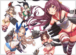  5girls absurdres adapted_turret ahoge alternate_costume asakaze_(kancolle) black_hair black_hairband black_neckerchief black_panties blue_eyes blue_ribbon blue_skirt bow breasts brown_hair cannon chestnut_mouth commentary_request cosplay crop_top cropped_shirt drill_hair elbow_gloves foreshortening full_body gloves green_eyes green_sailor_collar green_skirt grey_footwear hair_ribbon hairband hairbow harukaze_(kancolle) hat hatakaze_(kancolle) highleg highleg_panties highres kamikaze_(kancolle) kantai_collection light_brown_hair long_hair looking_to_the_side machinery matsukaze_(kancolle) medium_breasts microskirt midriff mini_hat mini_top_hat miniskirt moke_ro multiple_girls navel neckerchief open_mouth outstretched_arm panties parted_bangs pink_sailor_collar pink_skirt pleated_skirt ponytail purple_hair red_bow red_eyes red_sailor_collar red_skirt ribbon rigging rudder_footwear sailor_collar school_uniform serafuku shimakaze_(kancolle) shimakaze_(kancolle)_(cosplay) shirt short_hair skirt small_breasts smile standing standing_on_one_leg strap_slip striped_clothes striped_thighhighs thighhighs thong top_hat torpedo torpedo_launcher turret twin_drills twitter_username underwear wavy_hair white_gloves white_shirt yellow_sailor_collar yellow_skirt 