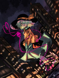  black_hat blurry blurry_background brown_footwear buttons cityscape diamond_button dutch_angle female frilled_shirt_collar frills full_body green_skirt hair_over_one_eye hat hat_ribbon heart heart_of_string highres komeiji_koishi light_green_hair long_sleeves looking_at_viewer medium_hair night open_mouth outdoors ribbon shirt shoes skirt solo standing sutaku77224 third_eye touhou wavy_hair wide_sleeves yellow_ribbon yellow_shirt 