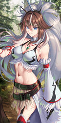  arknights bare_shoulders belt black_belt blue_eyes bowlp breasts brown_hair cleavage commentary cowboy_shot crop_top detached_sleeves female fur-trimmed_sleeves fur_trim highres jewelry kirin_(armor) kirin_r_yato_(arknights) large_breasts linea_alba long_hair long_sleeves looking_at_viewer monster_hunter_(series) navel outdoors pendant single_detached_sleeve single_sleeve skirt smile solo standing stomach thighs white_skirt yato_(arknights) 