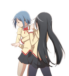  2girls abutomato akemi_homura black_hair black_pantyhose blue_eyes blue_hair bow bowtie cropped_legs earrings from_behind hair_ornament hairpin half-closed_eyes highres jewelry long_hair long_sleeves mahou_shoujo_madoka_magica mahou_shoujo_madoka_magica:_hangyaku_no_monogatari meme miki_sayaka mitakihara_school_uniform multiple_girls pantyhose photo-referenced red_bow red_bowtie school_uniform short_hair simple_background slapping white_background will_smith_slapping_chris_rock_(meme) 