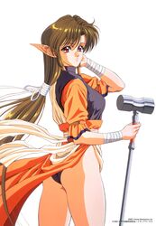  1990s_(style) 1994 anjela bandages brown_hair company_name copyright_notice cowboy_shot female hair_tubes hammer hand_on_own_face highres holding long_hair long_pointy_ears looking_at_viewer megami_paradise non-web_source official_art parted_lips photoshop_(medium) pink_background pointy_ears red_eyes retro_artstyle short_sleeves sidelocks simple_background solo translation_request very_long_hair white_background yoshizane_akihiro 