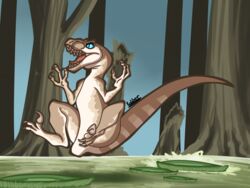  2020 4:3 blue_eyes claws digital_media_(artwork) dinosaur dromaeosaurid extinct female feral hi_res kaliber lily_pad marshy open_mouth plant pounce prehistoric_species reptile scalie solo swamp teeth theropod tongue tree utahraptor velociraptor 