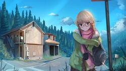  advarcher blonde_hair blue_sky camera cloud cowboy_shot female forest glasses heart_of_the_woods highres hood hoodie house maddie_raines nature outdoors road road_sign scarf sign sky smile solo street tree 