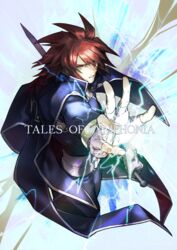  1boy belt cape copyright_name cropped_legs electricity fingerless_gloves gloves holding holding_sword holding_weapon kratos_aurion looking_at_viewer male_focus pants red_eyes red_hair shin_(sinsin12121) simple_background solo sword tales_of_(series) tales_of_symphonia weapon white_gloves 