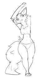  2020 absurd_res anthro canid canine cheek_tuft clothed clothing crop_top facial_tuft female fox fur hi_res jodia_(zhanbow) mammal midriff monochrome navel open_mouth open_smile panties shirt simple_background smile solo standing stretching topwear tuft underwear white_background zhanbow 