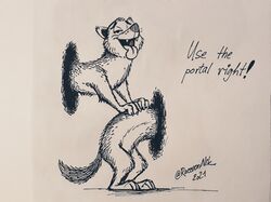  2021 anthro backrub bent_over black_and_white canid canine dated english_text hi_res humor looking_pleasured male mammal massage monochrome nikraccoom open_mouth open_smile pen_(artwork) portal smile solo standing text thinking_with_portals tongue tongue_out touching_back traditional_media_(artwork) url 