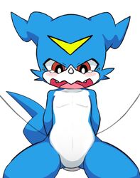  ambiguous_gender bandai_namco blue_body blush bodily_fluids digimon digimon_(species) embarrassed featureless_crotch hands_behind_back hi_res markings red_eyes restrained scalie shoru solo tears veemon young 