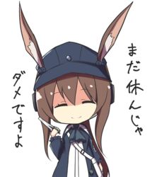  amiya_(arknights) amiya_(newsgirl)_(arknights) animal_ears arknights ascot bag brown_hair chibi closed_eyes commentary facing_viewer female hair_between_eyes hat holding jacket jewelry long_hair multiple_rings official_alternate_costume ponytail rabbit_ears ring shoulder_bag sidelocks simple_background smile solo toro_th translated white_background 