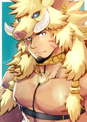  1boy abs animal_hood bara bare_pectorals blue_background blue_eyes boar_boy boar_hood brown_hair chest_harness collar facial_hair facial_mark glowing glowing_eyes goatee gullinbursti_(housamo) harness hat highres hood jewelry large_pectorals long_sideburns looking_at_viewer male_focus muscular muscular_male nipples oerba_yun_fang open_clothes pectorals scar sideburns simple_background sky_(sora_no_gomibako) smile solo tokyo_afterschool_summoners 