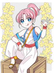  blue_eyes breasts dragon_quest dragon_quest_iii female flower looking_at_viewer merchant_(dq3) ok_sign ouba_reiya pink_hair ponytail sandals short_hair smile solo toeless_footwear wristband 