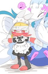  absurd_res ambiguous_gender anthro blush bodily_fluids clothing dress duo generation_7_pokemon generation_8_pokemon hi_res lagomorph leporid maid_uniform mammal marine nintendo pinniped pokemon pokemon_(species) primarina raboot smile sweat uniform winte 