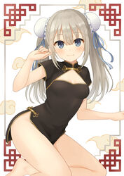  bare_legs barefoot black_dress blue_eyes blue_ribbon blunt_bangs blush breasts bun_cover china_dress chinese_clothes cleavage closed_mouth dress female framed furutori grey_hair hair_between_eyes hair_ribbon highres long_hair looking_at_viewer no_panties original ribbon short_dress short_sleeves small_breasts smile solo 