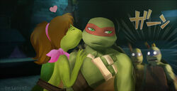  anthro bandana brown_hair closed_eyes donatello_(tmnt) female green_eyes group hair heart_symbol kerchief kissing kissing_cheek leonardo_(tmnt) lesya7 lizard male male/female mask mona_lisa_(tmnt) on_model ponytail raphael_(tmnt) reptile scalie smile teenage_mutant_ninja_turtles turtle 