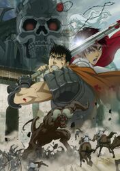  4boys armor artist_request behelit berserk black_eyes black_hair blood blood_on_weapon casca_(berserk) crossbow female fighting griffith_(berserk) guts_(berserk) helmet highres horse multiple_boys official_art promotional_art serious short_hair skull_knight_(berserk) sword weapon zodd_(berserk) 