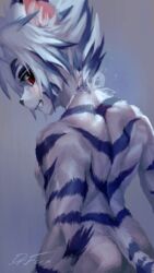  9:16 anthro back_muscles bangs blue_hair blue_highlights blue_stripes blush blush_lines bow_ribbon clenched_teeth digital_media_(artwork) digital_painting_(artwork) dr.fox felid fur hair half-length_portrait hi_res highlights_(coloring) kogenta_(onmyou_taisenki) looking_at_viewer looking_back looking_back_at_viewer male mammal multicolored_body multicolored_fur multicolored_hair muscular muscular_anthro muscular_arms muscular_male neck_ribbon nervous_smile nude onmyou_taisenki pantherine pink_inner_ear portrait rear_view red_eyes short_hair solo spiky_hair striped_hair stripes teeth tiger two_tone_body two_tone_fur two_tone_hair white_body white_fur white_hair 