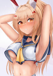  absurdres armpits ayanami_(azur_lane) ayanami_(retrofit)_(azur_lane) azur_lane bare_arms bare_shoulders blonde_hair blush breasts commentary_request female grey_background hair_between_eyes hair_intakes hair_ornament hairclip headgear highres long_hair looking_at_viewer medium_breasts navel ponytail red_eyes ryara shirt sleeveless sleeveless_shirt solo tan underboob upper_body very_long_hair white_shirt 