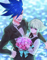  2boys androgynous asymmetrical_hair black_bow black_bowtie black_vest blue_eyes blue_hair blurry blurry_background bouquet bow bowtie collared_shirt flower formal galo_thymos green_hair highres holding holding_bouquet jacket lio_fotia looking_at_viewer male_focus mohawk multiple_boys open_mouth pink_flower pink_rose promare purple_eyes rice_(rice8p) rose shirt short_hair sidecut sidelocks smile suit suit_jacket traditional_bowtie undercut vest white_shirt yaoi 