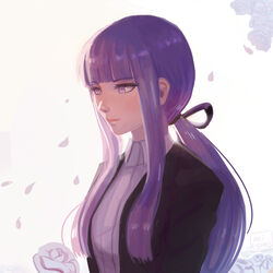  absurdres artist_name black_jacket black_ribbon blunt_bangs blush closed_mouth commentary danganronpa_(series) danganronpa_3_(anime) dated_commentary female flower from_side hair_ribbon highres jacket kirigiri_kyoko long_hair long_sleeves looking_to_the_side missarilicious official_alternate_costume official_alternate_hairstyle petals ponytail purple_eyes purple_hair ribbon rose sidelocks smile solo upper_body white_flower white_rose 