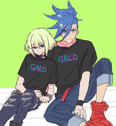  2boys androgynous asymmetrical_hair black_shirt blue_eyes blue_hair choker denim galo_thymos green_background green_hair jeans lio_fotia looking_at_viewer male_focus mohawk multiple_boys on_ground pants promare purple_eyes red_footwear rice_(rice8p) shirt short_hair sidecut sidelocks sitting t-shirt torn_clothes torn_legwear undercut 