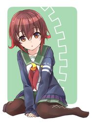  argyle_clothes argyle_legwear brown_hair brown_pantyhose character_name collarbone commentary_request crescent crescent_pin female full_body gradient_hair green_sailor_collar green_skirt hair_between_eyes highres jacket kantai_collection looking_at_viewer minosu multicolored_hair mutsuki_(kancolle) mutsuki_kai_ni_(kancolle) neckerchief pantyhose pleated_skirt red_hair red_neckerchief sailor_collar school_uniform serafuku short_hair sidelocks sitting skirt solo two-tone_background wariza 