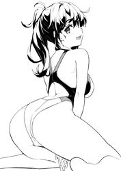  ass back bad_id bad_pixiv_id bare_shoulders blush breasts competition_swimsuit female greyscale highleg highleg_swimsuit highres kekemotsu kneeling large_breasts long_hair looking_at_viewer looking_back monochrome one-piece_swimsuit open_mouth original ponytail racerback sidelocks smile solo swimsuit thighs 