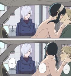  ... 1boy 2girls artist_request car car_interior car_sex caught caught_in_the_act expressionless female fiona_frost french_kiss girl_on_top kissing loid_forger male meme multiple_girls sitting_on_lap spy_x_family straight yor_briar 