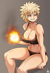  1girls abs big_breasts black_clothing blonde_hair bra breasts collarbone curvy curvy_figure explosion female female_bakugou female_only fit fit_female grin hourglass_figure jmg katsuki_bakugou large_breasts light-skinned_female light_skin my_hero_academia nipple_bulge nipples_visible_through_clothing old_art red_eyes rule_63 simple_background sitting solo sports_bra thick_thighs tomboy underwear underwear_only wide_hips 