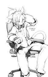  absurd_res anthro biped bottomwear clock clothed clothing denim denim_bottomwear denim_clothing domestic_cat electronics english_text felid feline felis headphones hi_res jeans line_art male mammal monochrome pants puinkey_(artist) puinkey_(character) sitting solo text watch wristwatch young young_anthro 