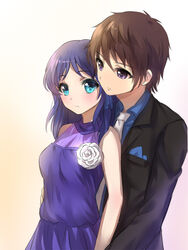  1boy althea_(sakiya0000) bare_arms bare_shoulders black_jacket blue_eyes blue_hair blue_shirt blush brown_hair commentary_request couple dress female flower formal hand_on_another&#039;s_hip hiradaira_chisaki jacket kihara_tsumugu long_hair long_sleeves looking_at_viewer medium_hair nagi_no_asukara necktie photoshop_(medium) purple_dress purple_eyes shirt short_hair sleeveless sleeveless_dress straight suit swept_bangs white_flower white_necktie 