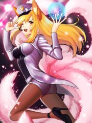  ;d ahri_(ari_30305) ahri_(league_of_legends) alternate_color alternate_costume alternate_hair_color alternate_hairstyle animal_ears ass beamed_sixteenth_notes belt blonde_hair bow breasts commentary cosplay eighth_note energy_ball facial_mark female floating_hair fox_ears fox_tail from_side girls&#039;_generation hands_up hat hat_bow headset heart high_heels idol jacket league_of_legends leg_up legs_apart lights long_hair long_sleeves looking_at_viewer looking_back magic medium_breasts multiple_tails musical_note one_eye_closed open_clothes open_jacket open_mouth pantyhose peaked_cap popstar_ahri quarter_note salute shoes short_shorts shorts sidelocks smile solo sparkle stage_lights tail whisker_markings yellow_eyes zipper 