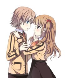  1boy blue_eyes brown_eyes brown_hair commentary_request couple eye_contact female highres hisanuma_sayu isaki_kaname loading_(verjuice) long_hair looking_at_another mihama_junior_high_school_uniform nagi_no_asukara one_side_up school_uniform short_hair straight transparent_background 