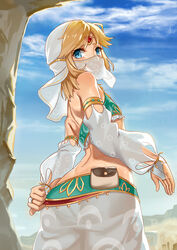  1boy armband ass bad_id bad_pixiv_id bare_shoulders blonde_hair blue_eyes bridal_gauntlets clenched_hand cloud day detached_sleeves dimples_of_venus from_behind from_below gerudo_set_(zelda) highres jewelry link looking_back looking_down male_focus medium_hair mouth_veil otoko_no_ko outdoors panties pointy_ears pouch see-through shoulder_blades sky solo the_legend_of_zelda the_legend_of_zelda:_breath_of_the_wild tree underwear veil yizhirenben 