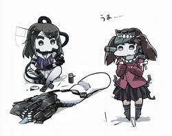  2girls abyssal_ship chopsticks commentary_request dark_persona kantai_collection maya_(kancolle) multiple_girls pale_skin re-class_battleship ryuujou_(kancolle) simple_background sitting skirt soy_sauce soy_sauce_bottle tail_removed tanaka_kusao transformation translated twintails visor_cap white_background 