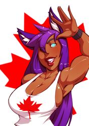  2018 absurd_res animal_humanoid big_breasts blue_eyes breasts canada cat_humanoid cleavage clothed clothing dark_body dark_skin felid felid_humanoid feline feline_humanoid female fur glowing glowing_eyes hair hi_res humanoid karen_star lips long_hair looking_at_viewer mammal mammal_humanoid purple_body purple_fur purple_hair red_lips side_boob smile solo svenners teeth tongue 