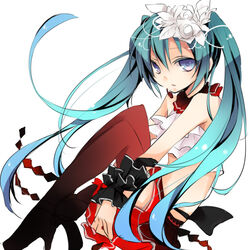  aqua_hair bless_you_(module) blue_eyes commentary_request female flower hatsune_miku kuroi_(liar-player) long_hair nisoku_hokou_(vocaloid) project_diva_(series) project_diva_f_2nd solo thighhighs vocaloid 