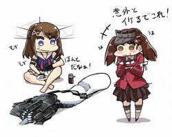  2girls :3 :t abyssal_ship blue_eyes blush_stickers brown_eyes brown_hair chopsticks commentary_request eating hair_ornament kantai_collection maya_(kancolle) multiple_girls re-class_battleship ryuujou_(kancolle) simple_background sitting skirt soy_sauce soy_sauce_bottle tail_removed tanaka_kusao translated twintails visor_cap white_background x_hair_ornament 