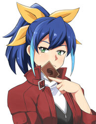  blue_hair blush bow card closed_mouth commentary_request female green_eyes hairbow jacket looking_at_viewer multicolored_hair naginoya open_clothes open_jacket ponytail red_jacket serena_(yu-gi-oh!) solo two-tone_hair upper_body yellow_bow yu-gi-oh! yu-gi-oh!_arc-v 