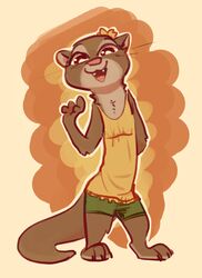  2019 abstract_background anthro barefoot biped bottomwear brown_background clothed clothing cute_fangs disney feet female fuel_(artist) hand_behind_back kris_(zootopia) looking_at_viewer mammal mustelid open_mouth open_smile otter shirt shorts simple_background smile solo standing tank_top topwear whiskers zootopia 