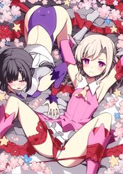  2girls all_fours arms_behind_head back_cutout black_hair blonde_hair blush boots character_cutout clothing_cutout commentary_request detached_sleeves dress fate/grand_order fate/kaleid_liner_prisma_illya fate_(series) feet_out_of_frame flat_chest flower grey_legwear hair_ornament hairclip heart highres illyasviel_von_einzbern looking_at_viewer lying magical_girl medium_hair miyu_edelfelt multiple_girls nail_polish on_back on_ground open_mouth panties pink_dress pink_eyes pink_flower pink_footwear pink_nails pink_sleeves prisma_illya purple_sleeves restrained short_hair sleeveless sleeveless_dress socks spread_legs star_(symbol) thighs tranquillianusmajor underwear white_panties x_hair_ornament yellow_eyes 