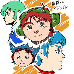  1boy 3girls blue_hair chill elchi_cargo goggles green_hair jiron_amos multiple_girls no_pupils rag_uralo rag_urao red_hair sentou_mecha_xabungle 