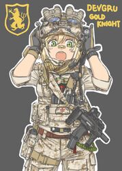  bandaid bandaid_on_face bandaid_on_nose blonde_hair breasts buckle camouflage commentary_request cowboy_shot desert_camouflage female gloves goggles green_eyes gun h&amp;k_mp7 hands_on_headwear headset heckler_&amp;_koch jsoc load_bearing_vest md5_mismatch medium_breasts military military_uniform night_vision_device open_mouth operator-chan original scarf shino_(r_shughart) simple_background sleeves_rolled_up snap-fit_buckle solo submachine_gun suppressor uniform united_states united_states_navy watch weapon 