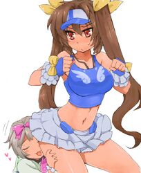  2girls blush bow brown_eyes brown_hair closed_eyes commentary_request crop_top frills frown gloves hairbow hasumi_eri hat head_on_ass long_hair midriff minakami_(flyingman555) miniskirt mirumachi_kurumi multiple_girls navel oekaki pink_bow short_hair simple_background skirt sweat twintails vanguard_princess white_background white_skirt yellow_bow yuri 