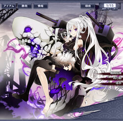  abyssal_ship aoki_hagane_no_arpeggio bare_shoulders barefoot black_thighhighs breasts closed_mouth commentary crossed_legs dress eushully female gameplay_mechanics hair_between_eyes high_ponytail highres kantai_collection long_hair machinery medium_breasts mole mole_under_eye nyoro_(nyoronyoro000) open_mouth photoshop_(medium) purple_eyes rigging single_thighhigh sitting sleeveless sleeveless_dress smile takao_(aoki_hagane_no_arpeggio) thighhighs torn_clothes translated v-shaped_eyebrows very_long_hair white_hair 