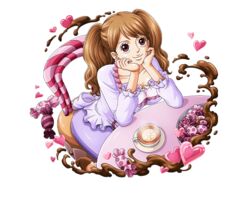  bodskih breasts brown_eyes candy chair charlotte_pudding chocolate cleavage commentary cup english_commentary female food fruit heart lemon long_hair official_art one_piece one_piece_treasure_cruise sitting solo teacup transparent_background twintails 