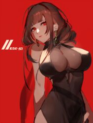  black_dress black_hair blunt_bangs breasts character_name cleavage commentary dress dsr-50_(girls&#039;_frontline) dsr-50_(highest_bid)_(girls&#039;_frontline) earrings evening_gown female girls&#039;_frontline impossible_clothes impossible_dress jewelry large_breasts long_hair no_bra official_alternate_costume red_background red_eyes see-through see-through_cleavage side_slit simple_background solo very_long_hair ysk_(yusuke) 